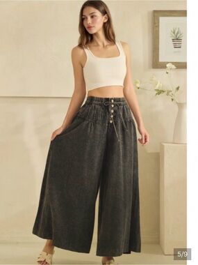 Women’s High-Waist Wide Leg Pants- Mineral Washed Black Color